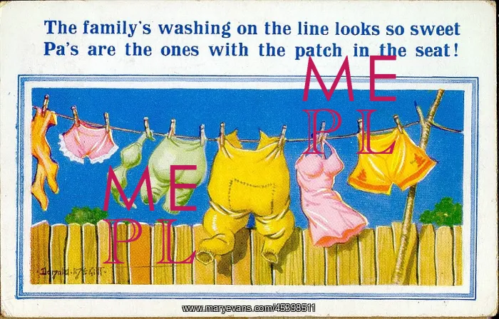 : Comic postcard, Washing line of clothes in a garden : Comic postcard, Washing line of clothes in a garden