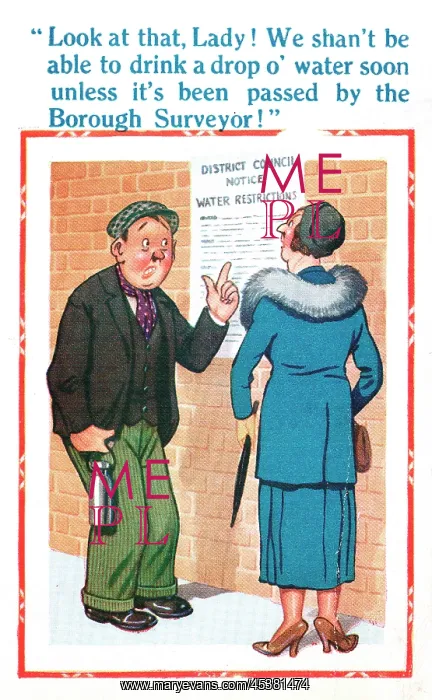 : Comic postcard, water passed by Borough Surveyor, WW2 : Comic postcard, water passed by Borough Surveyor, WW2