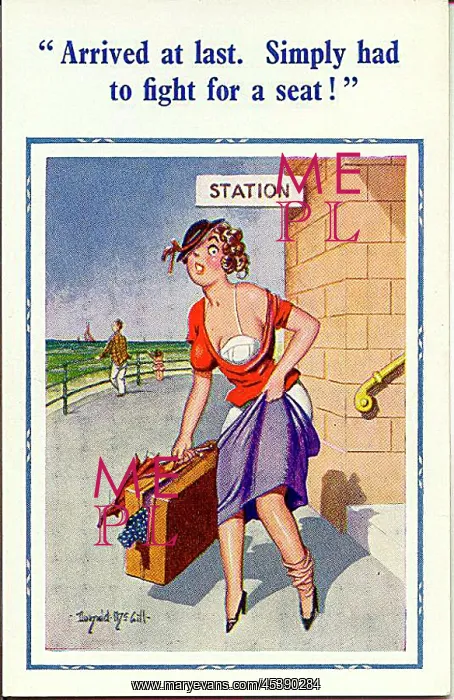 : Comic postcard, Woman arrives at the seaside by train : Comic postcard, Woman arrives at the seaside by train