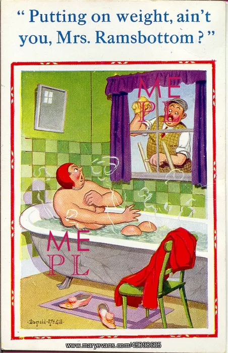 : Comic postcard, Woman in bath and window cleaner : Comic postcard, Woman in bath and window cleaner