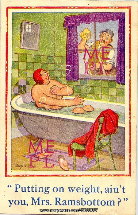 : Comic postcard, Woman in bath and window cleaner : Comic postcard, Woman in bath and window cleaner
