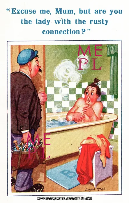 : Comic postcard, Woman in bathroom with plumber : Comic postcard, Woman in bathroom with plumber