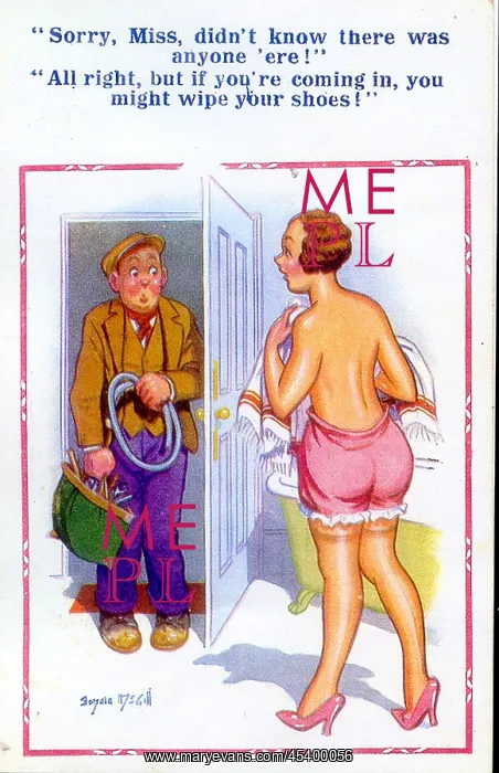 : Comic postcard, Woman in bathroom with plumber : Comic postcard, Woman in bathroom with plumber