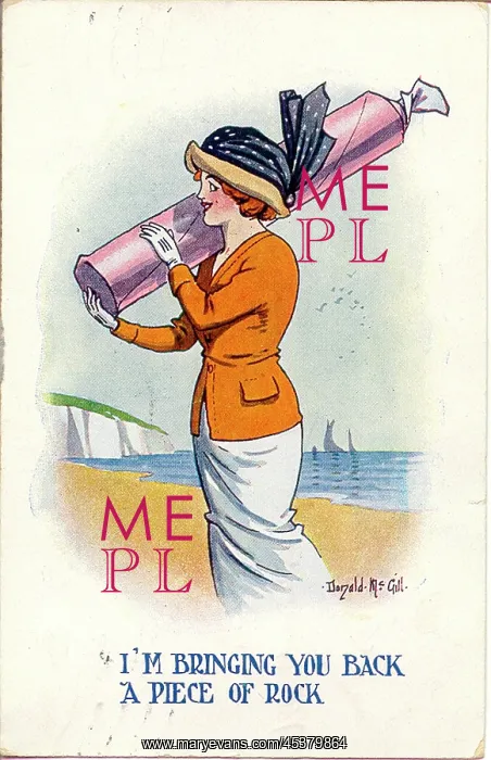 : Comic postcard, Woman on the beach with stick of rock : Comic postcard, Woman on the beach with stick of rock