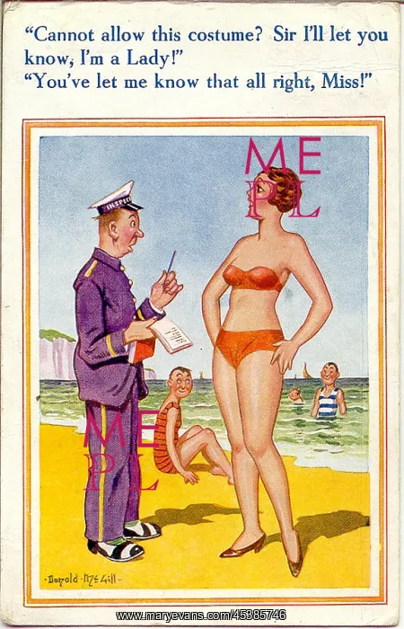 : Comic postcard, Woman in bikini and beach inspector : Comic postcard, Woman in bikini and beach inspector