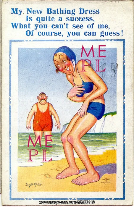 : Comic postcard, Woman in blue bikini at the seaside : Comic postcard, Woman in blue bikini at the seaside