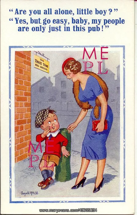: Comic postcard, Woman and boy outside a pub : Comic postcard, Woman and boy outside a pub