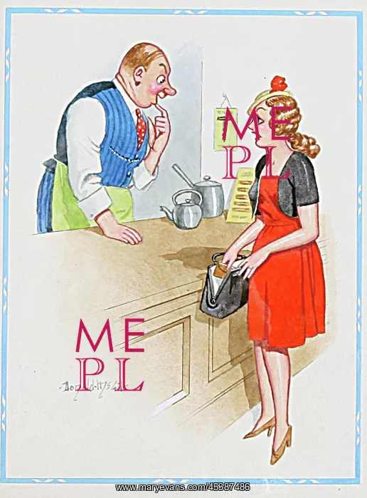  : Comic postcard, Woman at cafe counter