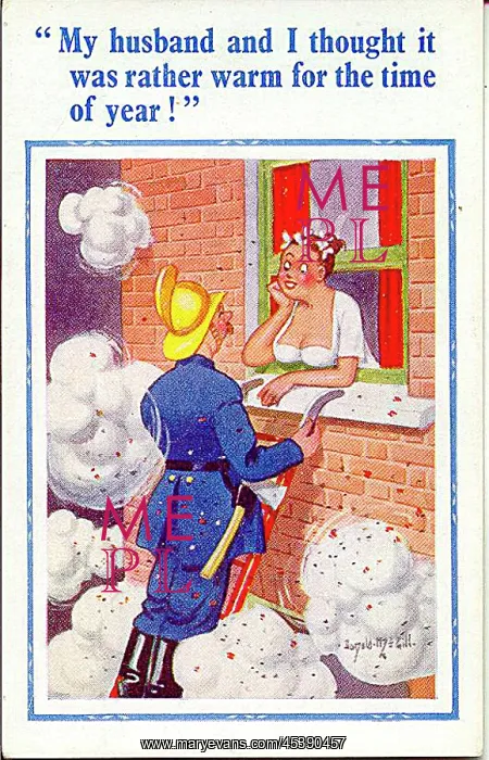 : Comic postcard, Woman chats to fireman at window : Comic postcard, Woman chats to fireman at window