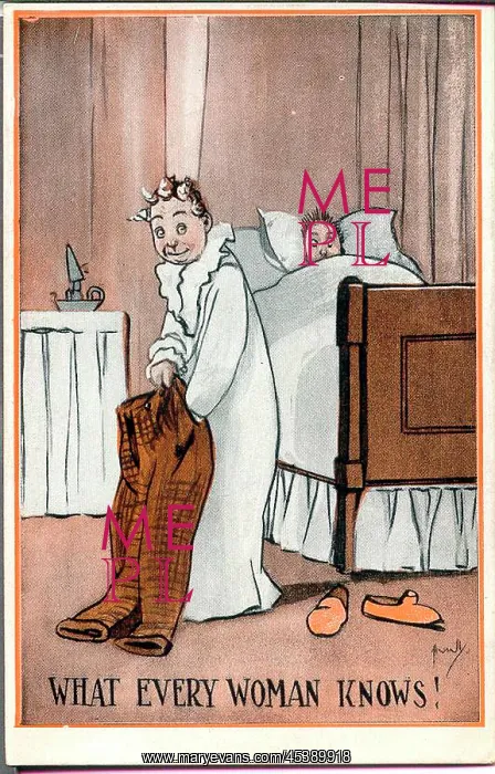 : Comic postcard, Woman checking man's trouser pockets : Comic postcard, Woman checking man's trouser pockets