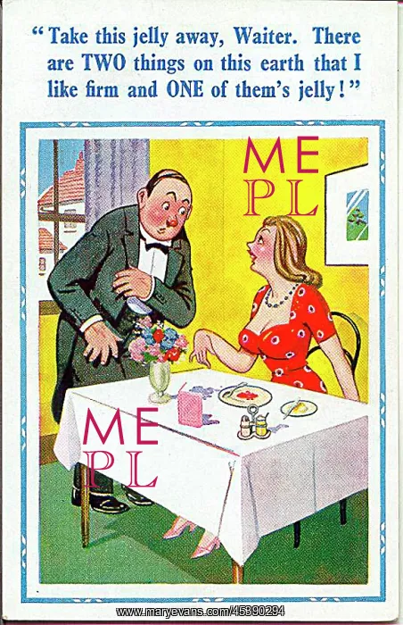: Comic postcard, Woman complains to waiter : Comic postcard, Woman complains to waiter