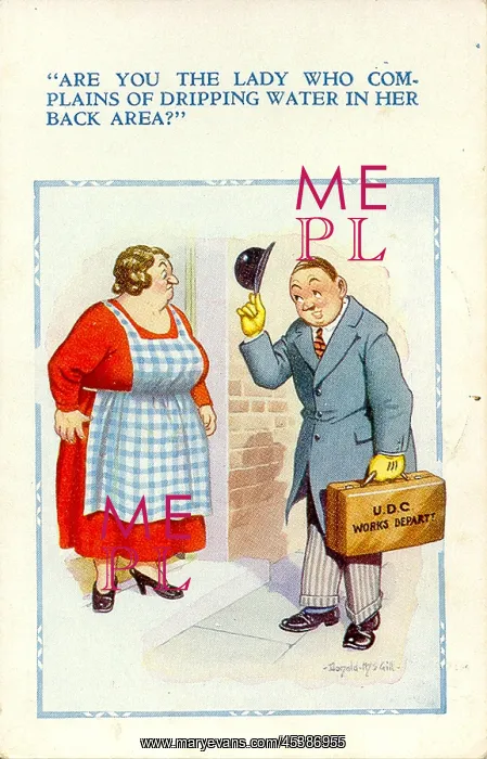 : Comic postcard, Woman and council official : Comic postcard, Woman and council official