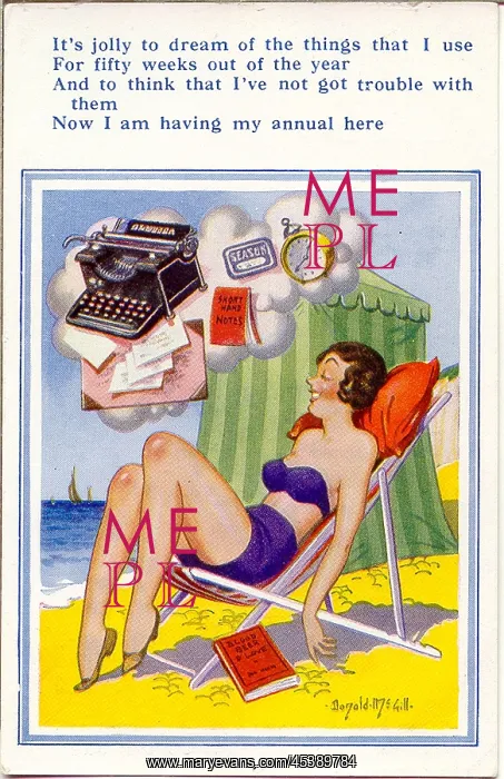 : Comic postcard, Woman in deckchair at the seaside : Comic postcard, Woman in deckchair at the seaside