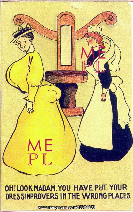 : Comic postcard, Woman with dress improvers : Comic postcard, Woman with dress improvers