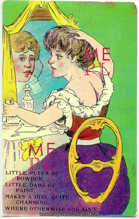 : Comic postcard, Woman at her dressing table : Comic postcard, Woman at her dressing table