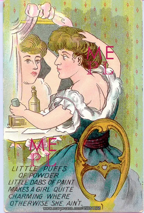 : Comic postcard, Woman at her dressing table : Comic postcard, Woman at her dressing table
