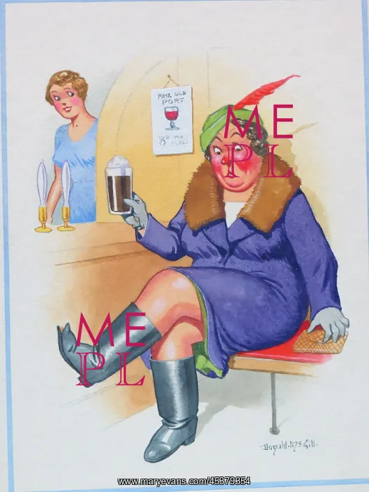: Comic postcard, Woman drinking in a pub : Comic postcard, Woman drinking in a pub