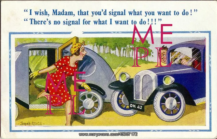 : Comic postcard, Woman driver stops man's car : Comic postcard, Woman driver stops man's car