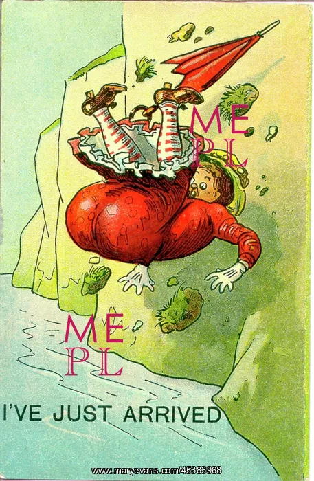 : Comic postcard, Woman falling off a cliff at the seaside : Comic postcard, Woman falling off a cliff at the seaside