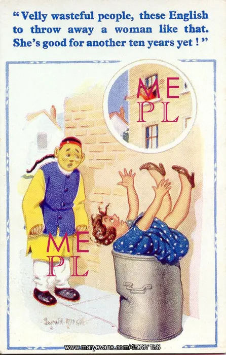 : Comic postcard, Woman falls into dustbin : Comic postcard, Woman falls into dustbin