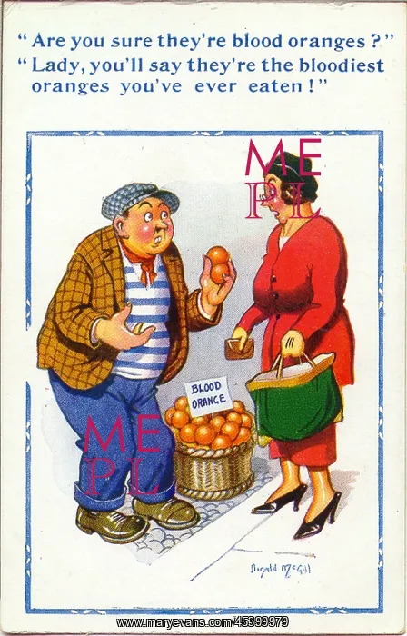 : Comic postcard, Woman with fruit seller : Comic postcard, Woman with fruit seller