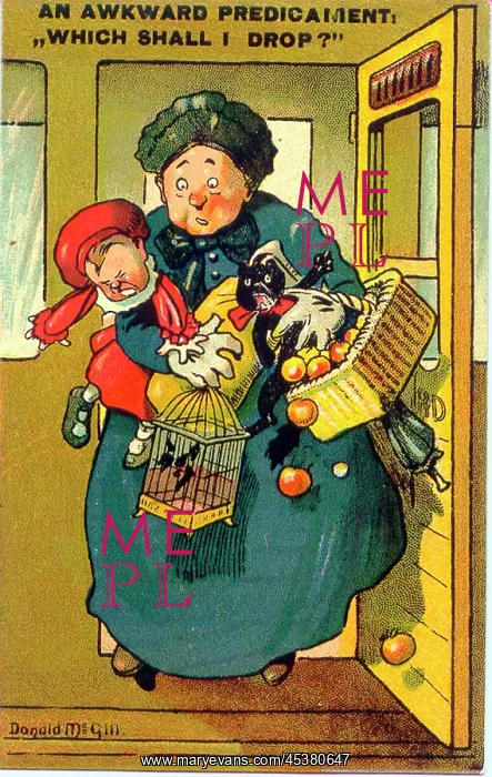 : Comic postcard, Woman with her hands full on a train : Comic postcard, Woman with her hands full on a train
