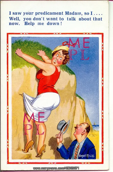 : Comic postcard, Woman hanging off a cliff : Comic postcard, Woman hanging off a cliff