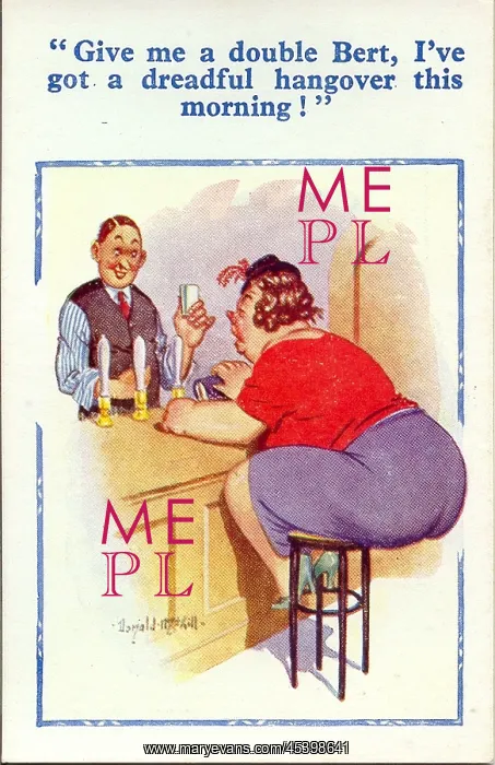 : Comic postcard, Woman with hangover in a pub : Comic postcard, Woman with hangover in a pub