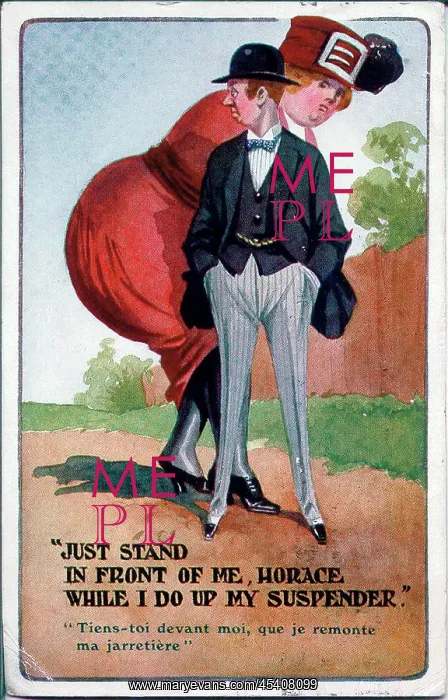 : Comic postcard, Woman hides behind man : Comic postcard, Woman hides behind man