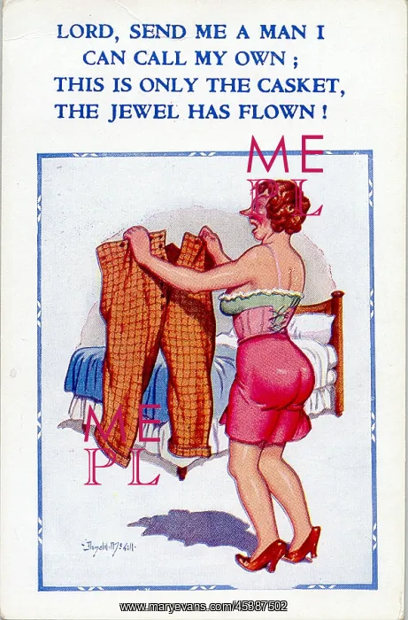 : Comic postcard, Woman holding pair of trousers : Comic postcard, Woman holding pair of trousers