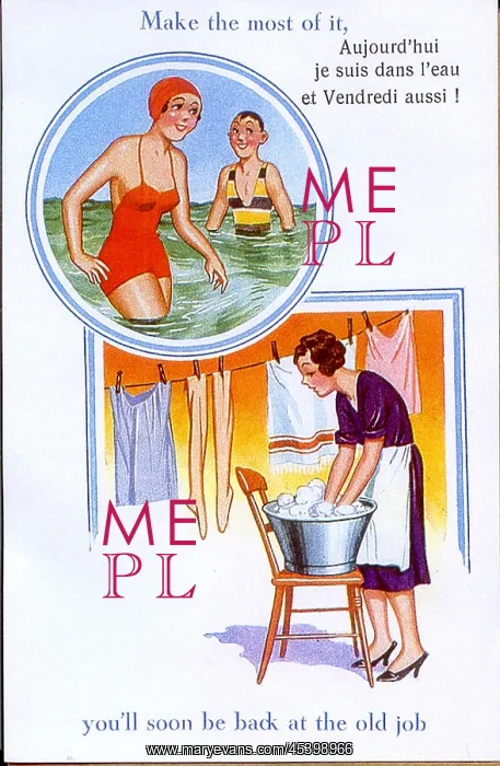 : Comic postcard, Woman on holiday, then home again : Comic postcard, Woman on holiday, then home again