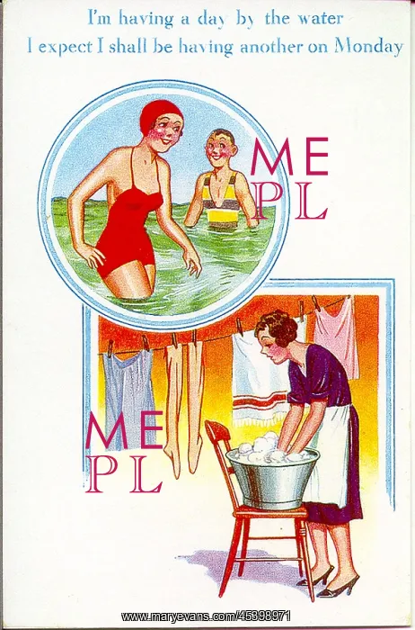 : Comic postcard, Woman on holiday, then home again : Comic postcard, Woman on holiday, then home again