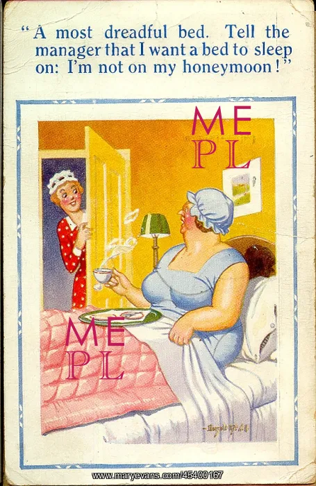 : Comic postcard, Woman in hotel bedroom : Comic postcard, Woman in hotel bedroom
