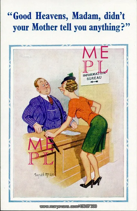 : Comic postcard, Woman at Information Bureau : Comic postcard, Woman at Information Bureau