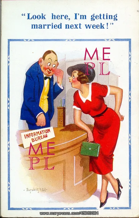 : Comic postcard, Woman at Information Bureau : Comic postcard, Woman at Information Bureau