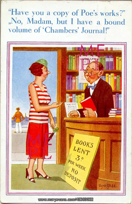 : Comic postcard, Woman at a lending library : Comic postcard, Woman at a lending library