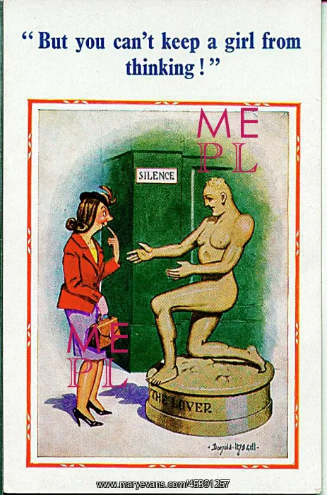 : Comic postcard, Woman looks thoughtfully at statue : Comic postcard, Woman looks thoughtfully at statue