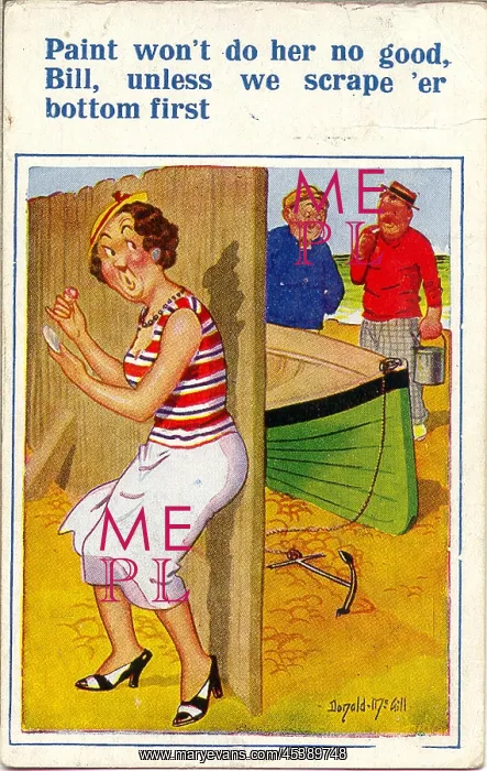: Comic postcard, Woman, men and boat at the seaside : Comic postcard, Woman, men and boat at the seaside