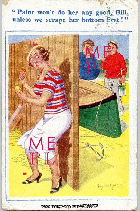 : Comic postcard, Woman, men and boat at the seaside : Comic postcard, Woman, men and boat at the seaside