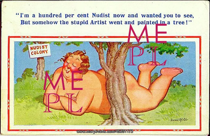  : Comic postcard, woman in Nudist Colony