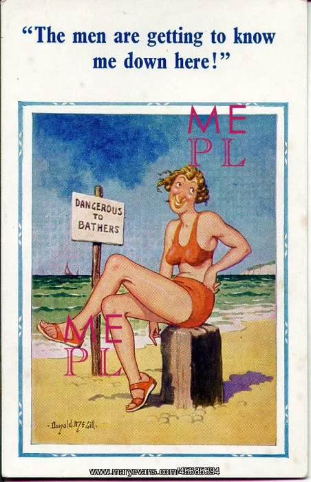 : Comic postcard, Woman in orange bikini at the seaside : Comic postcard, Woman in orange bikini at the seaside