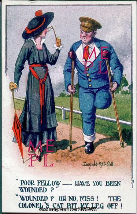 : Comic postcard, Woman pities disabled man, WW1 : Comic postcard, Woman pities disabled man, WW1