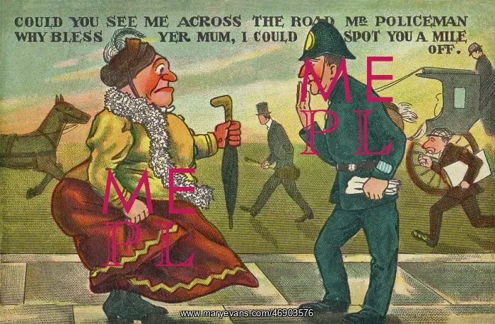 : Comic postcard, woman and policeman : Comic postcard, woman and policeman