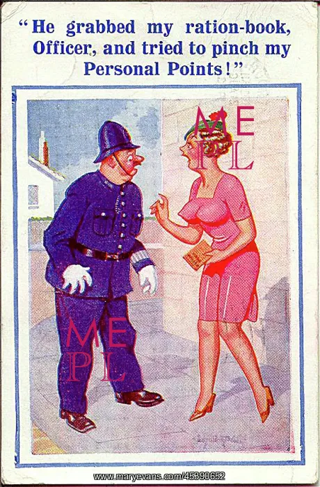 : Comic postcard, woman and policeman, WW2 : Comic postcard, woman and policeman, WW2