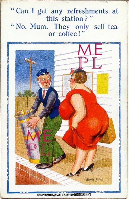 : Comic postcard, Woman and porter on station platform : Comic postcard, Woman and porter on station platform