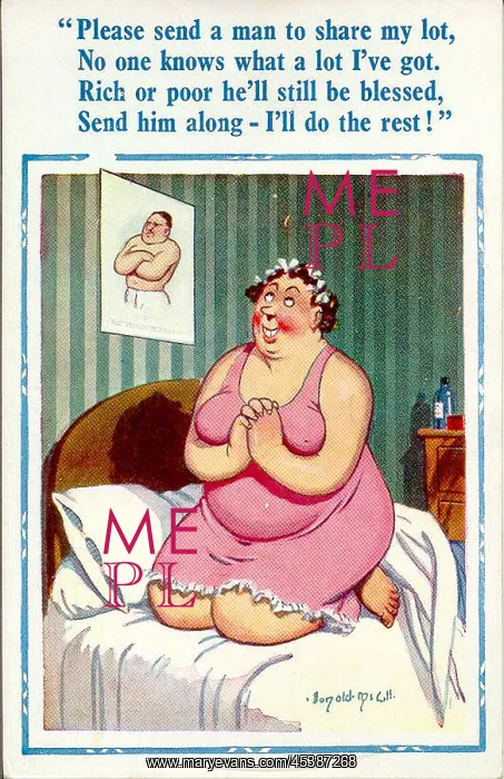 : Comic postcard, Woman praying for a man : Comic postcard, Woman praying for a man