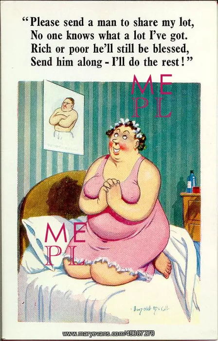 : Comic postcard, Woman praying for a man : Comic postcard, Woman praying for a man