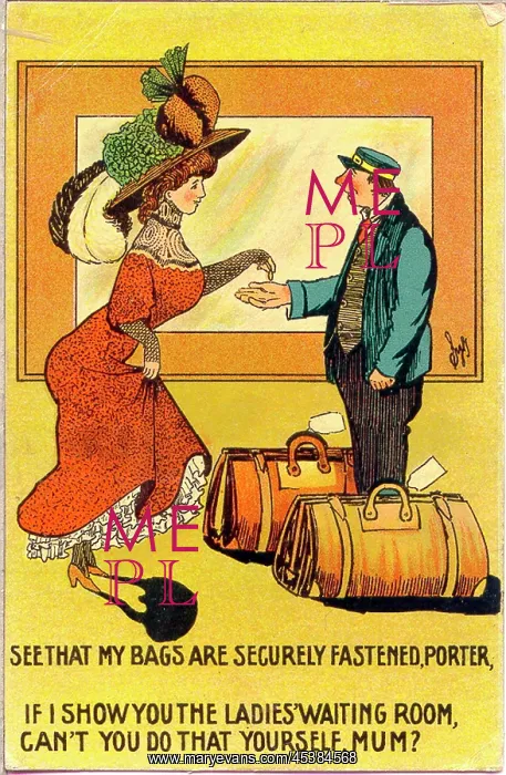 : Comic postcard, Woman and railway porter : Comic postcard, Woman and railway porter