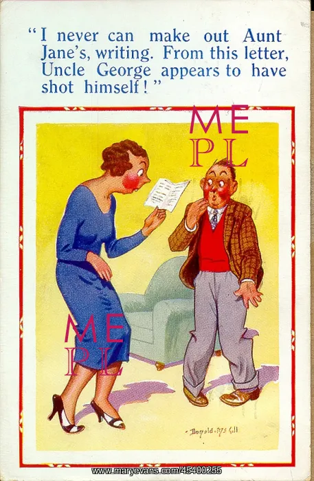 : Comic postcard, Woman reading aunt's letter : Comic postcard, Woman reading aunt's letter