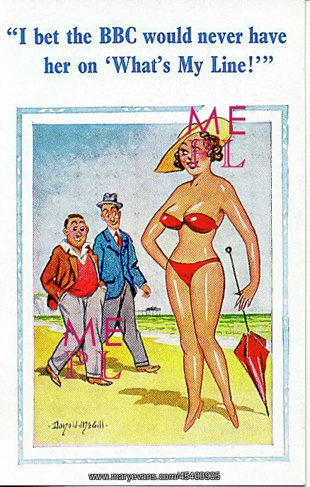 : Comic postcard, Woman in red bikini on the beach : Comic postcard, Woman in red bikini on the beach